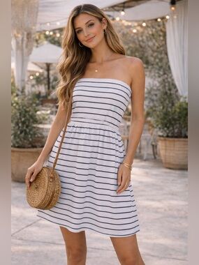 Volcom Strapless Mini Dress White Black Striped Beach Festival Summer Size M